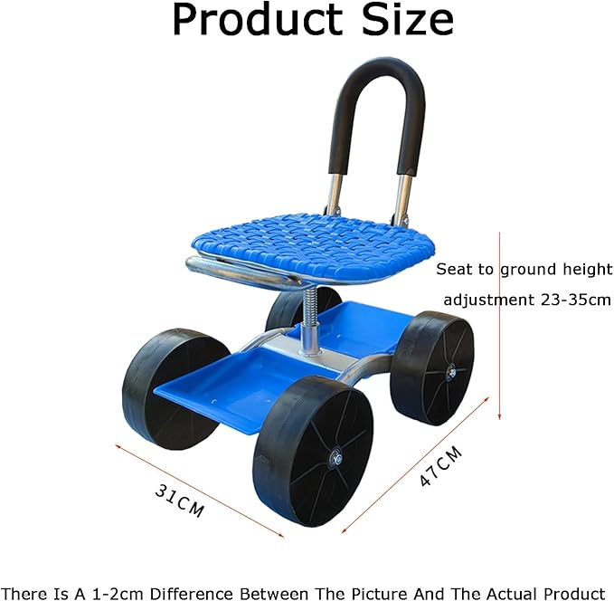 Garden Stool with Wheels23-35Cm Adjustable HeightBearing 100Kg Garden Cart with Storage Basketfor Orchards Farms Home4 Wheels