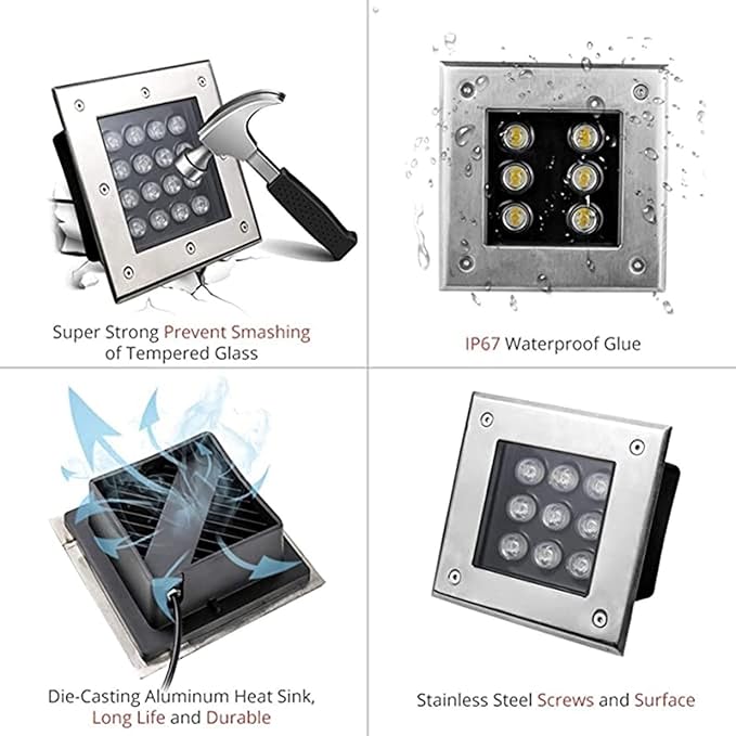 Square Outdoor Buried Lamp Ground LED Landscape Lights Low Voltage Led Well Lights Square Outdoor Buried Lamp IP67 Waterproof LED Spotlight(White9W(85-265V))