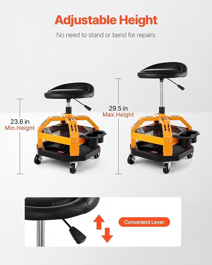 Rolling Shop Stool Heavy-Duty Garage Work Seat 300 Lbs Capacity Adjustable Height Dual Trays 360° Casters
