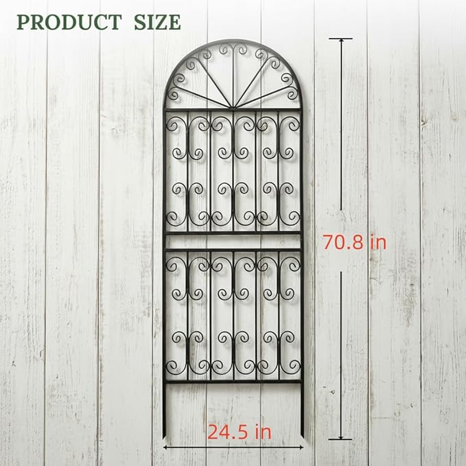 SCENDOR 70.8 H x 24.5 W Decorative Metal Garden Trellis - Rustproof Black Iron Arched Fence for Climbing Roses Clematis and Vines - Sturdy Plant Support for Patio Lawn and Backyard 1 Pack