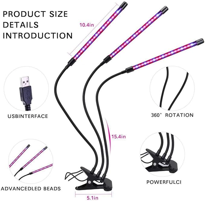 Professional Led Plant Growth Light Timer with 3/9/12 Hours USB Power Supply to Time Dimming 3-Segment Dimming Foldable Lamp Arm