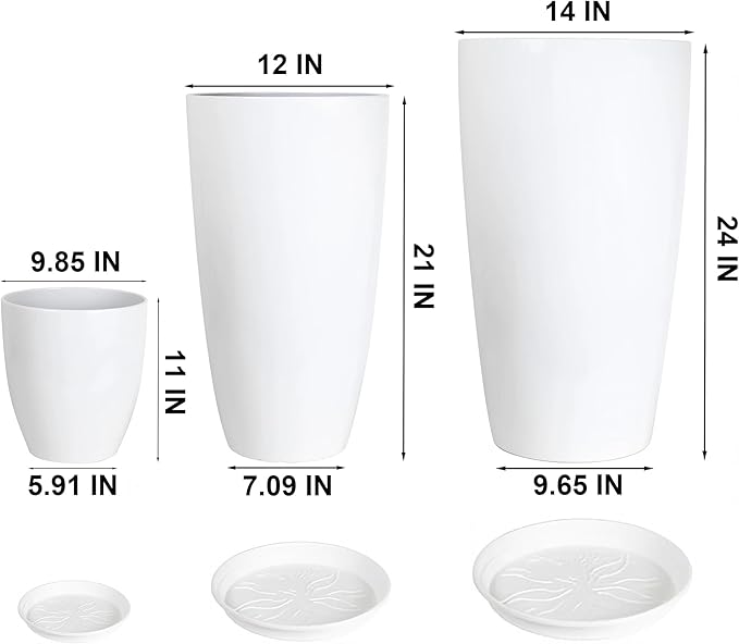 242111 Inch Large Plastic Planters with Drainage Hole and Saucer - Set of 3 Tall Plant Pots Indoor Flower Pot Tall Round Planters Outdoor Large Tall Planter