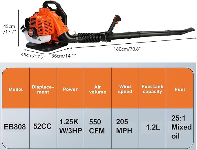 Leaf Blower 52CC 2-Stroke Gas Powered Backpack Blower with 550 CFM Strongest Handheld &amp Backpack Leaf Blowers for Yard Garden Lawn Care and Snow Removal Adjustable Tube &amp Ergonomic Harnes