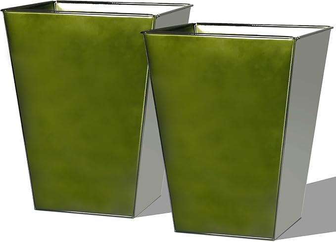 Worth Garden Large Metal Glazed Floor Planter Set of 2-14 Dia x 18 H - Luxurious Glossy Finish Green Tall Square Tapered Steel Plant Pots Decor Flower Pot Indoor &amp Outdoor Drainage Hole