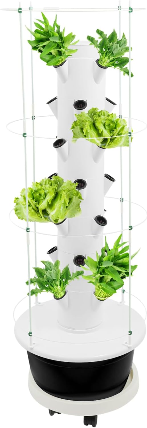 28-Plant Hydroponic Growing Tower 7-Tier Indoor Vertical Garden System with Climbing Trellis Hydroponic Tower Kit with Automatic Water Circulation Pump and Timer for Home Balcony White and Black