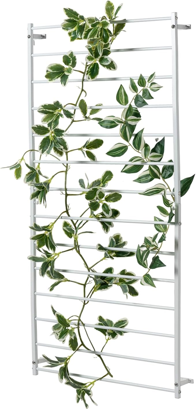 MyGift 4 Foot Tall Modern White Metal Wall Mounted Horizontal Bars Trellis Outdoor Hanging Support Frame for Climbing Garden Plants and Crawling Vines