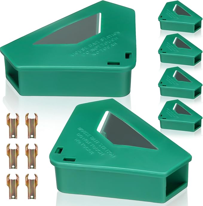 6 Pack Mouse Bait Stations with Visible Window &amp Keys Lockable Rodent Control Boxes Triangular Mice Traps Box for Indoor Outdoor Corners Garage Kitchen Bait Not Included (Green)