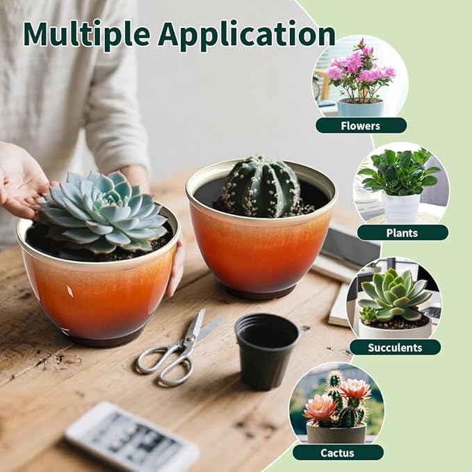 8 Inch Plant Pots with Drainage Hole 4 Pack Plastic Flower Pots Modern Sleek Decorative Planter for Indoor Outdoor Plants Succulent Snake (Orange)