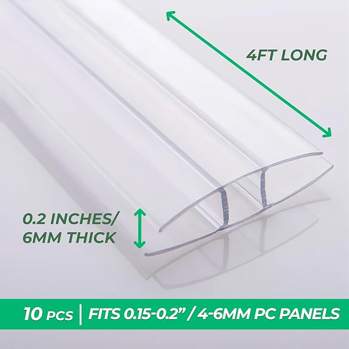Polycarbonate Greenhouse Panels (H Connectors) - 0.2 Thick Fit 6mm or 4mm Twin-Wall Polycarbonate Panels Join 2 Pieces of Panels Together 4-Foot Length 10 Pieces (H Connectors 6mm 4ft)