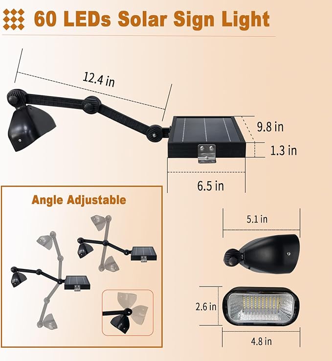 Solar Sign Lights Outdoor 60 LEDs Super Bright Billboard Lights IP65 Waterproof 3.7V 5200 mAh Commercial Solar Lights for Real Estate Signs usiness Yard Sign Lighting