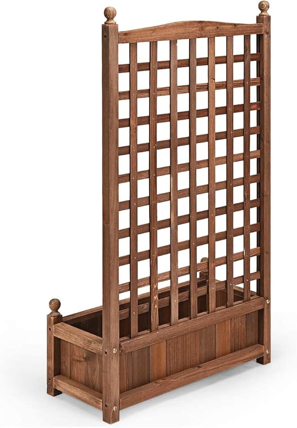 GRAFFY Wood Planter Raised Bed with Trellis Outdoor Raised Garden Bed Planter Box for Climbing Plants w/Drainage Holes Free-Standing Raised Planter for Patio Garden Yard