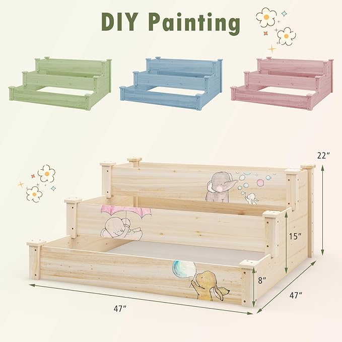 3-Tier Raised Garden Beds Outdoor Fir Wood Raised Garden Bed Planter Box Flower Bed Wooden Planter Kit for Gardening Vegetable &amp Herb