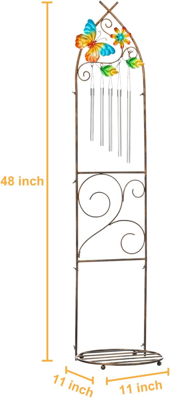 Garden Trellis with Plant Stands 48” Metal Detachable Butterfly Plant Pot Trellis with Wind Chimes for Climbing Plants Outdoor Lawn Patio Porches Decor