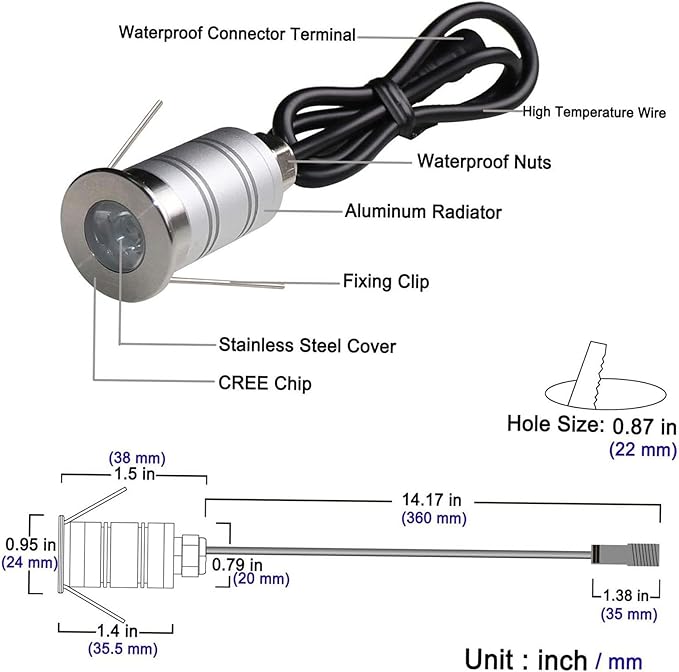 Mini 15° Narrow Beam Angle Spotlight 1W LED Underground Well Light IP67 Waterproof Outdoor LED Landscape Lights 12V-24V DC Ground Led Spot Lights for Garden Garage Illuminate(1pcs Warm Light 3000