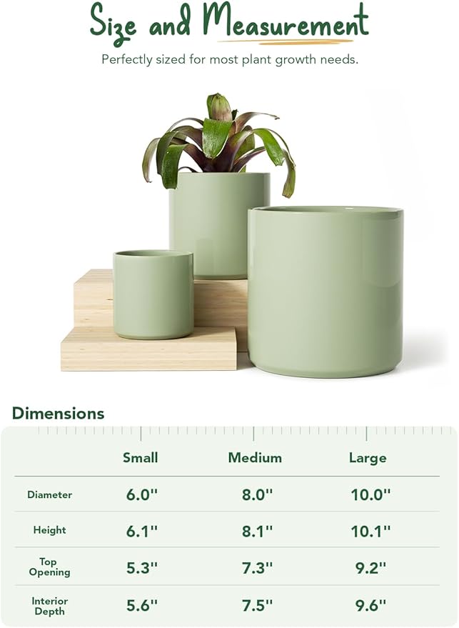 LE TAUCI Ceramic Pots for Plants 10/8/6 Inch Indoor Planters with Draiange Hole Silicone Plug &amp Mesh Pad Modern Minimalist Pots for Home Office Set of 3 Glossy Sage Green