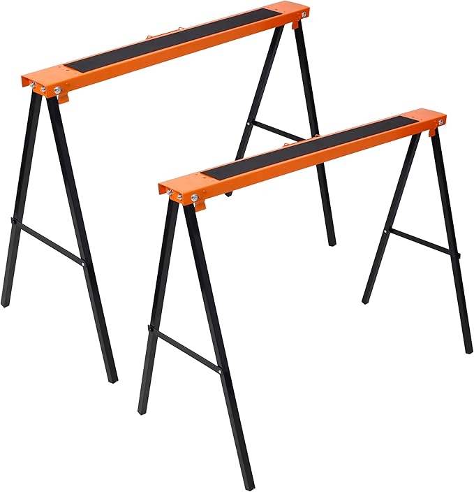 Heavy Duty Folding Saw Horses 2-Pack 275lbs Capacity Each Steel Portable Work Support with Non-Slip Surface for Garage Workshop &amp Job Sites