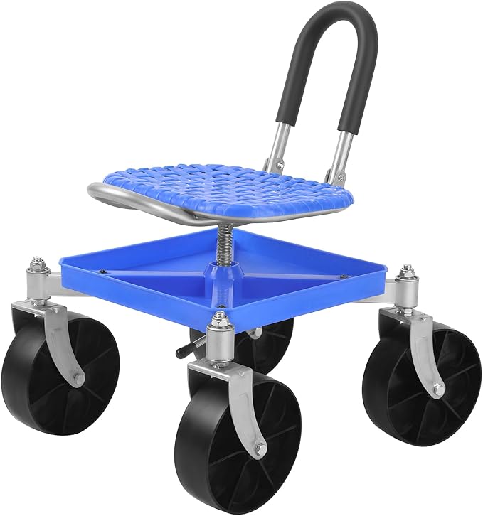 Garden Cart Rolling Stool with Wheels Adjustable Height 360 Degree Swivel Gardening Stool with Tool Tray Rolling Work Seat for Gardeners Elderly Seniors (Blue)
