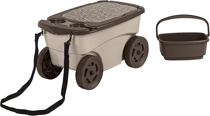 Outdoor Rolling Garden Scooter with Wheels &amp Pull Strap Light Taupe