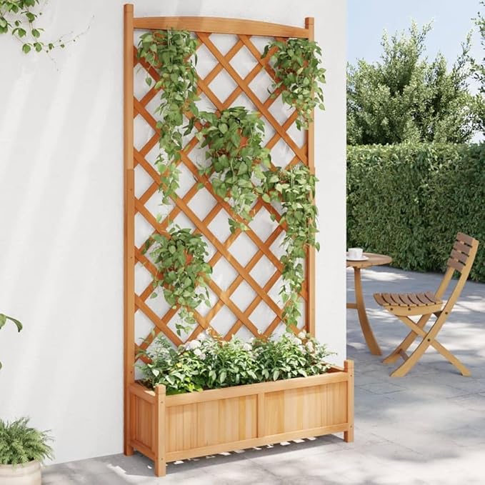 Solid Wood Garden Planter with Trellis Wood Raised Garden Bed Planter with Trellis Outdoor Garden Box for Climbing Plants Brown Solid Wood Fir-771