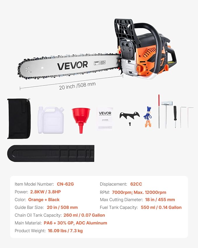 VEVOR 20inch 62CC Gas Powered Chainsaw 3.8 HP 2 Stroke Engine Gas Power Chainsaws with Non-Slip Handle Gas Chainsaws with Dual Fuel Tanks For Wood Cutting Tree Trimming and Land Clearing