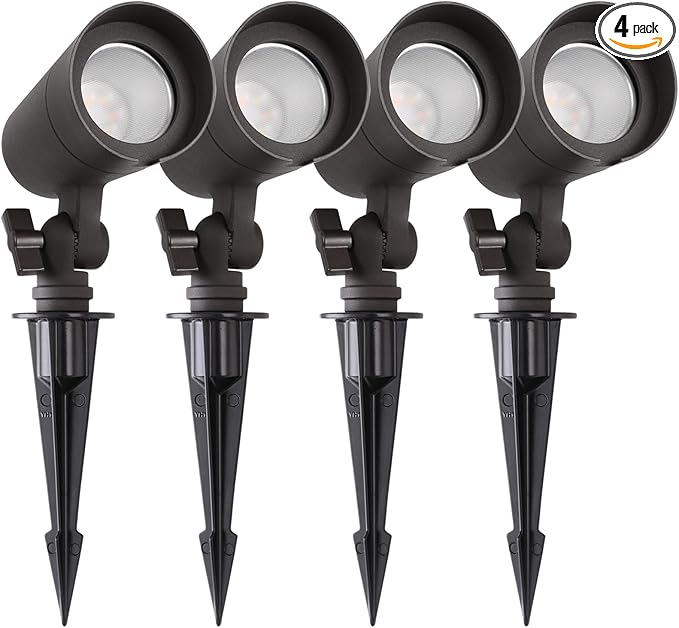 3CCT LED Landscape Lights with Connectors 12V Low Voltage 3000K/4000K/5000K Selectable 3W 200LM Outdoor Waterproof Garden Pathway Lights Wall Tree Flag Spotlights with Spike Stand 4 Pack