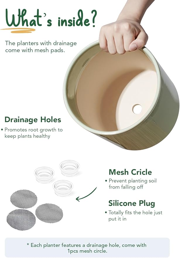 LE TAUCI Ceramic Pots for Plants 10/8/6 Inch Indoor Planters with Draiange Hole Silicone Plug &amp Mesh Pad Modern Minimalist Pots for Home Office Set of 3 Glossy Sage Green