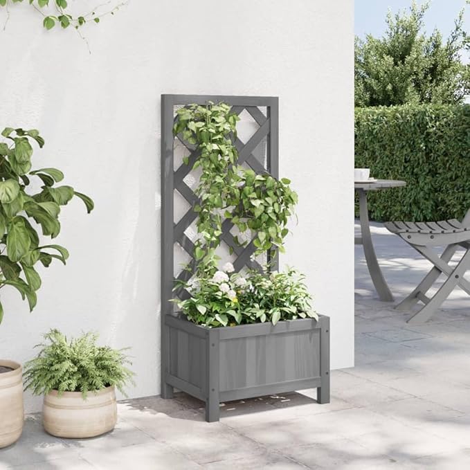 Wood Planter with Trellis Outdoor Raised Garden Bed with Trellis Wooden Planter Box for Climbing Plants 15.7x11.8x35.4 Gray Solid Wood Fir