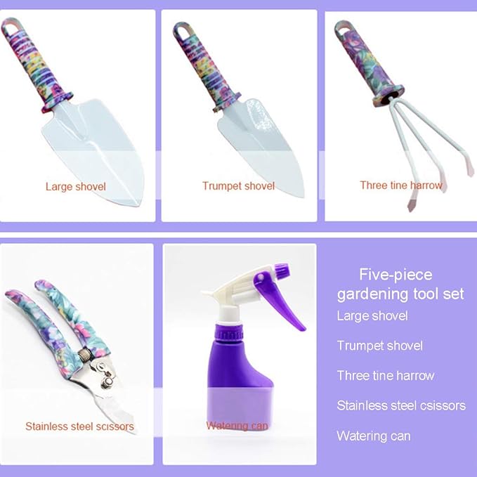 Anti-Rust Garden Tool Set with Carrying Case 5 Piece Stainless Steel Gardening Kit with Floral Pattern Grass Flower Branch Trimmer Garden Hand Tool Sprayer Farmer Box Gardening Tool for Adults Kids