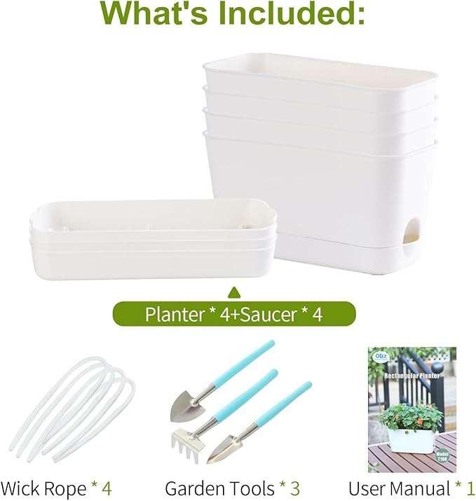 Self Watering Planters: 4 Packs Rectangular Plant Pots with with Drainage and Tray 10 Inch Window Pot Self Watering Planter for Herb Houseplants