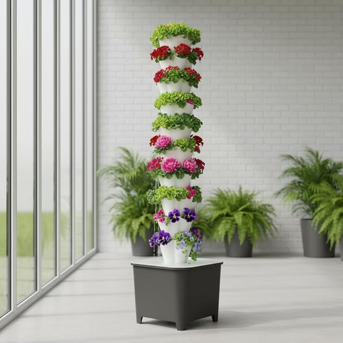 TIRUSSS Hydroponic Growing System Kit Aeroponic Tower 50 Hole Garden Vertical Vegetable Planting System with Pump and Mobile Water Tank
