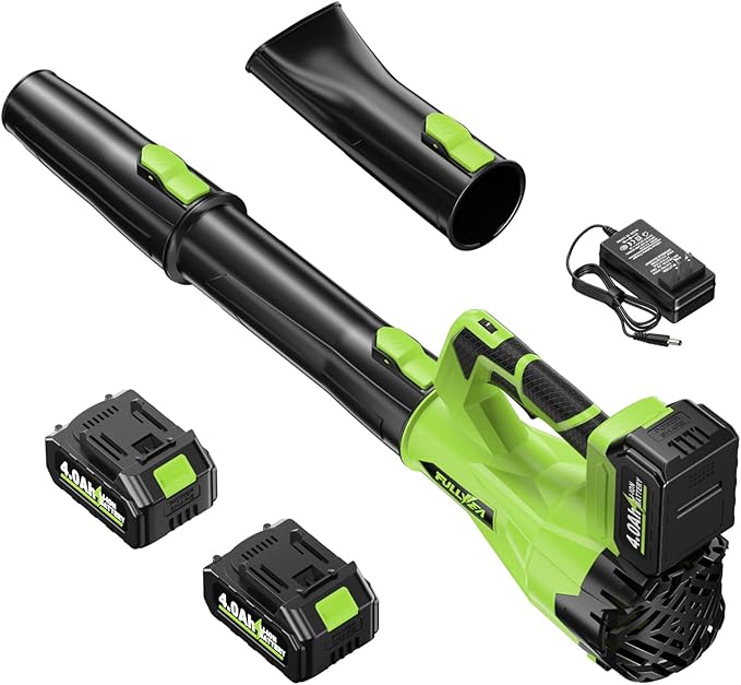 Leaf Blower Cordless 500CFM/150MPH Cordless Leaf Blower with 2 x 4.0Ah Batteries &amp 3 Tubes 6 Speed Modes Electric Leaf Blowers Battery Powered for Cleaning Patio Yard Garage Lawn (Green)
