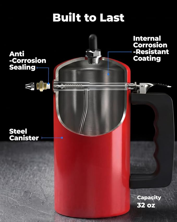 toolant 32oz Refillable Pressurized Sprayer Steel Canister Rust-Resistant Lining Needle Valve Leak-Resistant Dual Nozzles 1.0/0.6mm Funnel Included 200 PSI Max for Brake Cleaner &amp Solvents