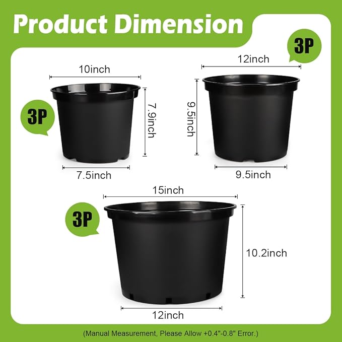 3/5/7 Gallon Nursery Pots 9 Pack Set Plastic Planter with Drainage Holes – Round Sturdy Deep Design for Indoor/Outdoor Plants