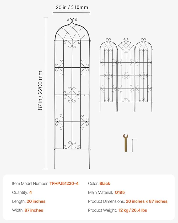 Happybuy Garden Trellis 87 x 20 in 4 Packs Rustproof Metal Garden Flower Trellis Outdoor Climbing Rose Cucumbers Support Decorative Clematis Trellis for Courtyards Lawns