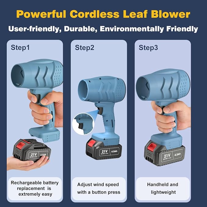 Electric Mini Leaf Blower Powered Handheld Blower Leaf Adjustable Wind Speed Cordless 21V Battery Blower with 2 Rechargeable Batteries and Charger Toolbox for Yard Leaf &amp Snow Removal(Blue)