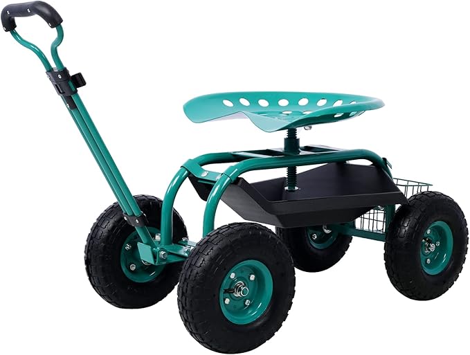 Rolling Garden Scooter Garden Cart Seat with Wheels 360° Swivel Seat Heavy Duty Gardening Cart with Tool Tray and Basket for Yard Lawn Planting (Green)