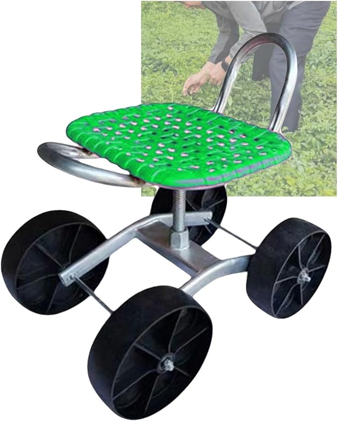 Outdoor Gardening Carts with Seat Utility Stool Cart with Adjustable 22-36cm Height and 360° Rotatablefor Lawn Yard(Green)