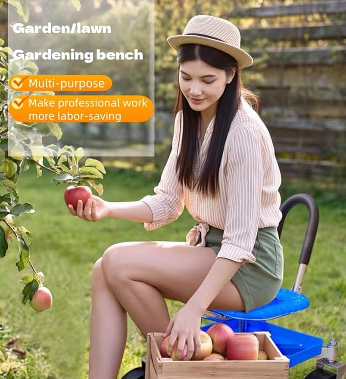 German Craft Garden Rolling Stool with Wheels - Foldable Adjustable Height Gardening BenchGarden Cart Rolling Stool Swivel Seat Outdoorfor Lawn Care Planting Weeding (330lbs Capacity)