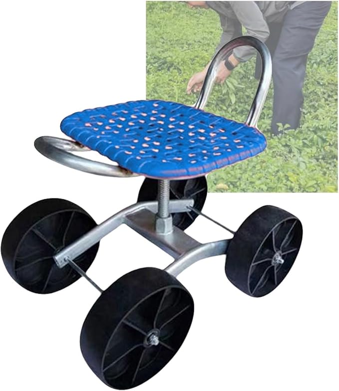 Outdoor Gardening Carts with Seat Utility Stool Cart with Adjustable 22-36cm Height and 360° Rotatablefor Lawn Yard(Blue)