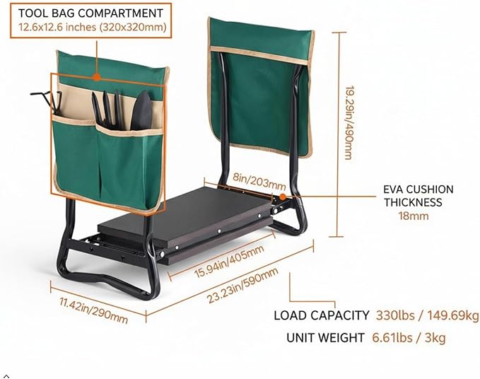 Garden Kneeler and Seat Folding Garden Stool with Thick EVA Pad Heavy Duty Garden Bench with Tool Pouches for Gardening Yard Work