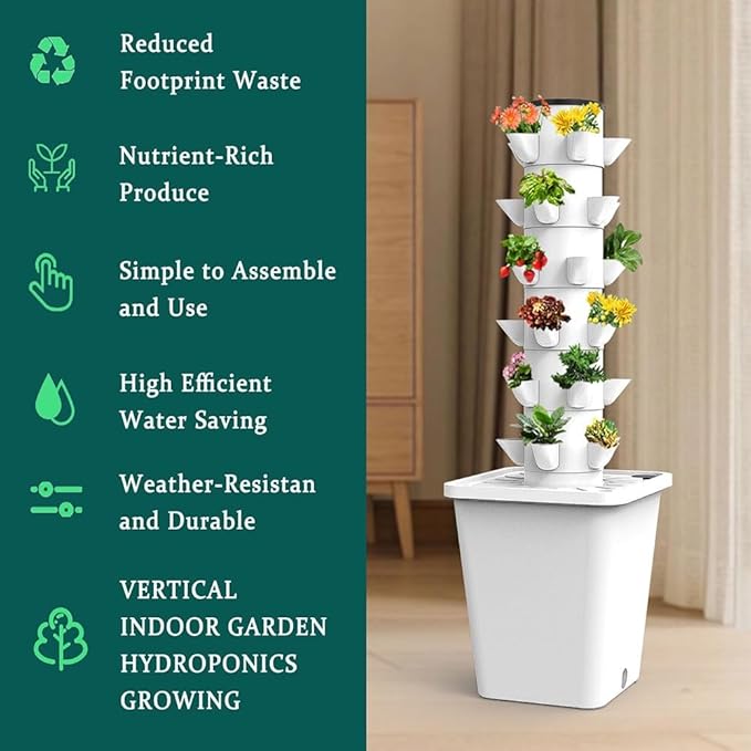 Tower Garden Hydroponics Growing System 10-30-Plant Sites Vertical Garden Planter Indoor Smart Garden Kit with Pump and Movable Water Tank (No Seedlings Included) (Color : Gris Size : 20 Holes)