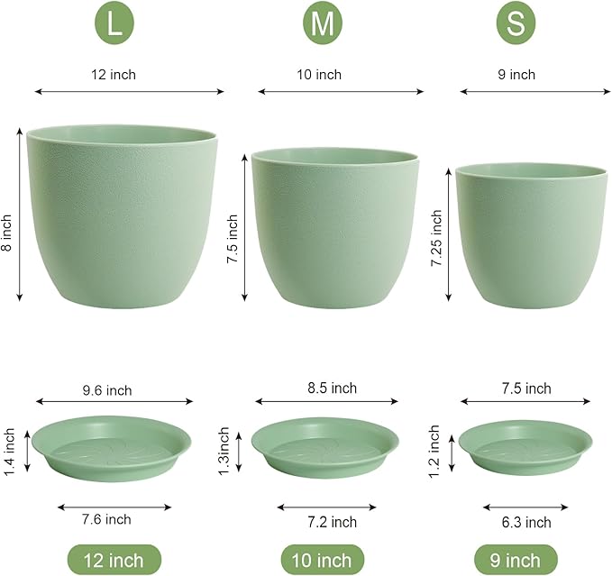 12/10/9 Large Modern Plant Pots Plastic Planters with Drainage Holes and Saucers for Indoor Outdoor Plants Flowers Green