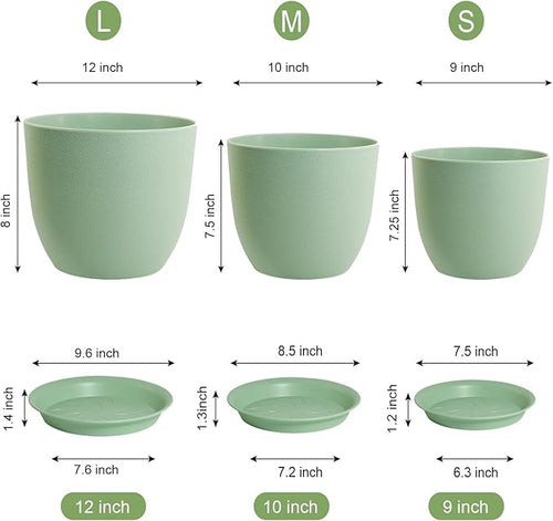 12/10/9 Large Modern Plant Pots Plastic Planters with Drainage Holes and Saucers for Indoor Outdoor Plants Flowers Green