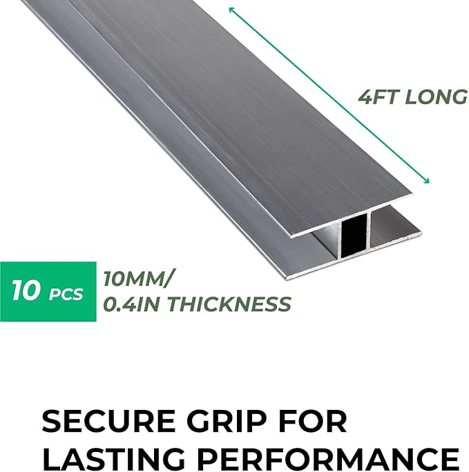 Aluminum H Connectors - Fits 4mm 6mm 8mm or 10mm Twin-Wall Greenhouse Panels Join 2 Pieces of Panels Together 4-Foot Length 10 Pieces (10mm Aluminum H Connectors - 4ft)