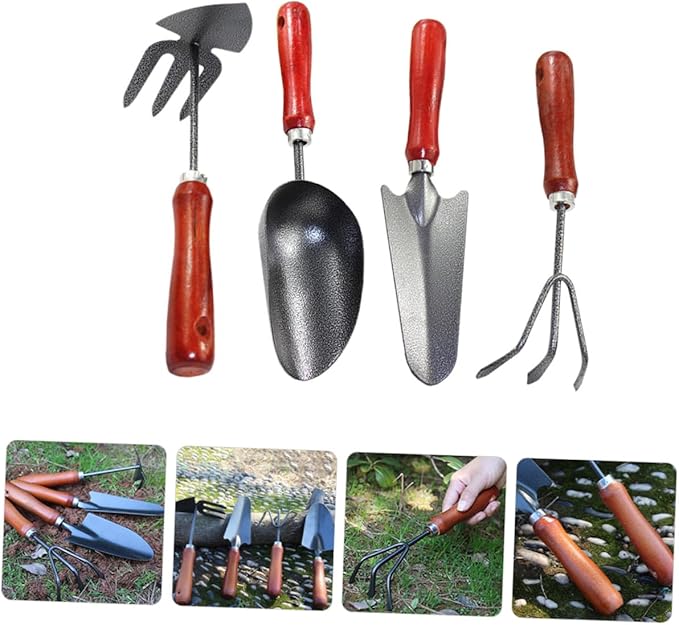 jojofuny 4pcs Garden Tool Set with Small Trowel Narrow Spade Three-Prong Cultivator and Dual-use Hoe Mini Handheld Soil Scoop for Planting Digging and Gardening Tasks
