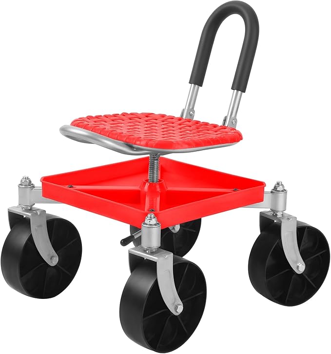 Rolling Garden Work Seat with Wheels Gardening Stool for Planting 360°Swivel Caster Tool Tray Backrest Height Adjustable Rolling Work Seat for Outdoor Patio and Yard Red