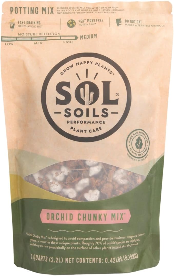 Sol Soils Chunky Orchid Potting Mix - 100% Peat-Free Lightweight and Aerated with Coconut Husk Perlite &amp Recycled Forest Products for Fast Draining Healthy Orchids - 2 Quarts