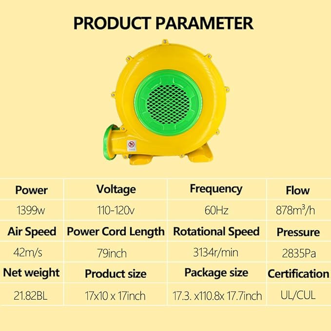 1100W（1.5HP）Air Blower Commercial Inflatable Bouncer Blower Perfect for Inflatable Bounce House Jumper Bouncy Castle