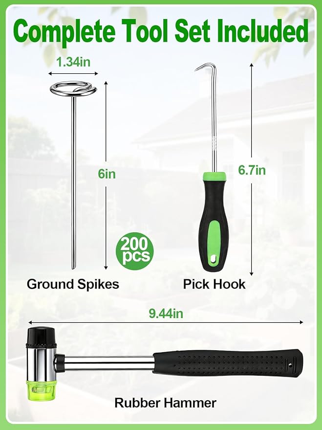 6 Inch Landscape Staples with Hook &amp Hammer - 200pcs Circle Top Weed Barrier Stakes Kit 9 Gauge Galvanized Rust-Resistant Garden Fabric Pins for SOD Garden Edging Install &amp Remove Tools In