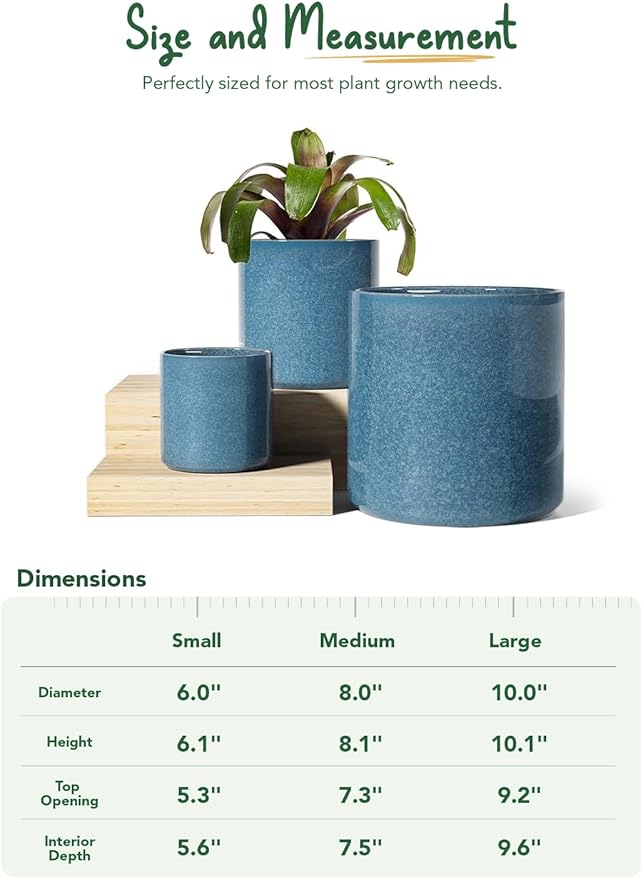 LE TAUCI Ceramic Pots for Plants 10/8/6 Inch Indoor Planters with Draiange Hole Silicone Plug &amp Mesh Pad Modern Minimalist Pots for Home Office Set of 3 Glossy Harbor Blue
